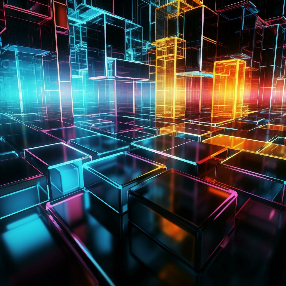Neon cubes background 3D Abstract background Futuristic neon city background colorful cubes background 3D Square background Tech background Tech city background Tech universe AI generated photo