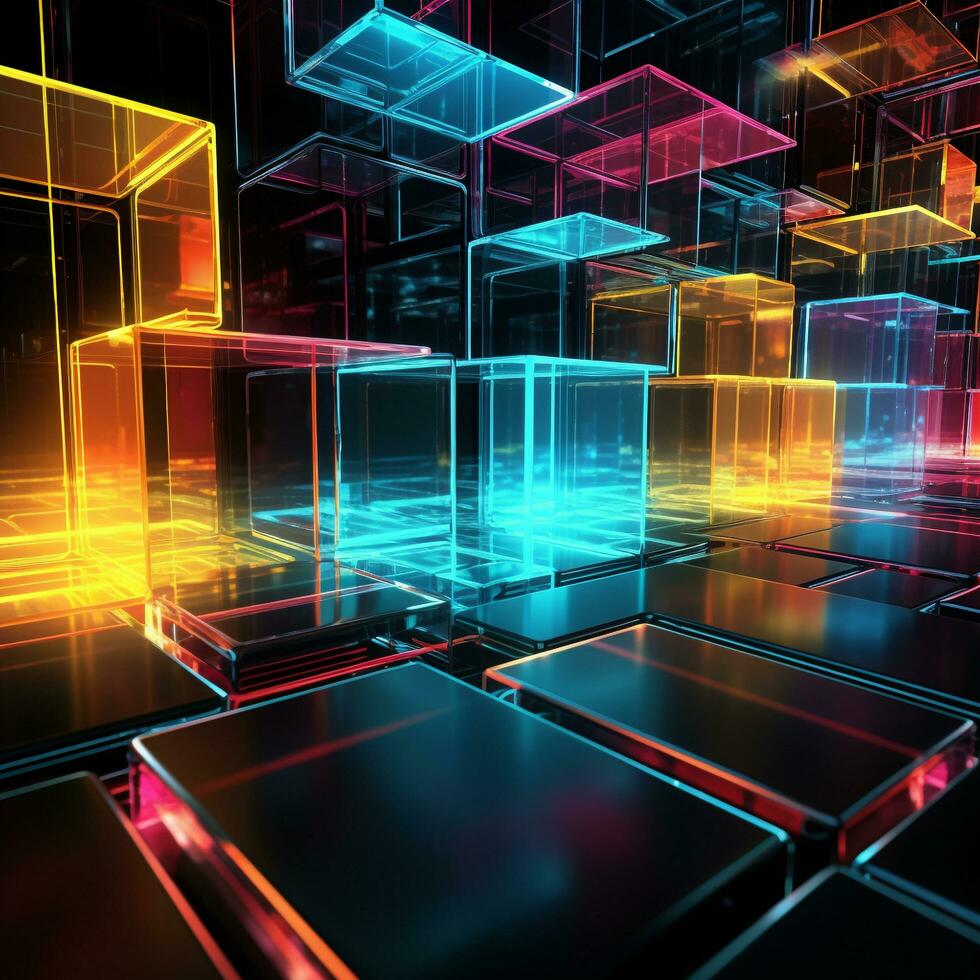 Neon cubes background 3D Abstract background Futuristic neon city background colorful cubes background 3D Square background Tech background Tech city background Tech universe AI generated photo