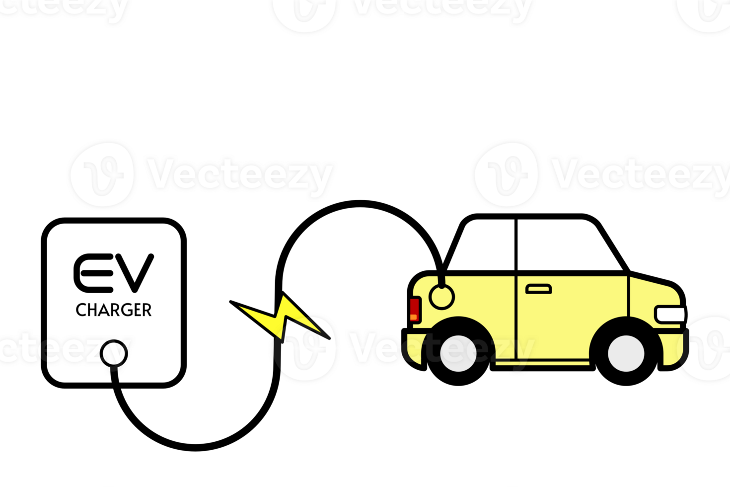 ev Auto Laden mit ev Ladegerät mit Weiß Wolke Konzept Hintergrund. Illustration von Neu Energie Fahrzeug Transport Konzept eben Design. niemand transparent Hintergrund. png