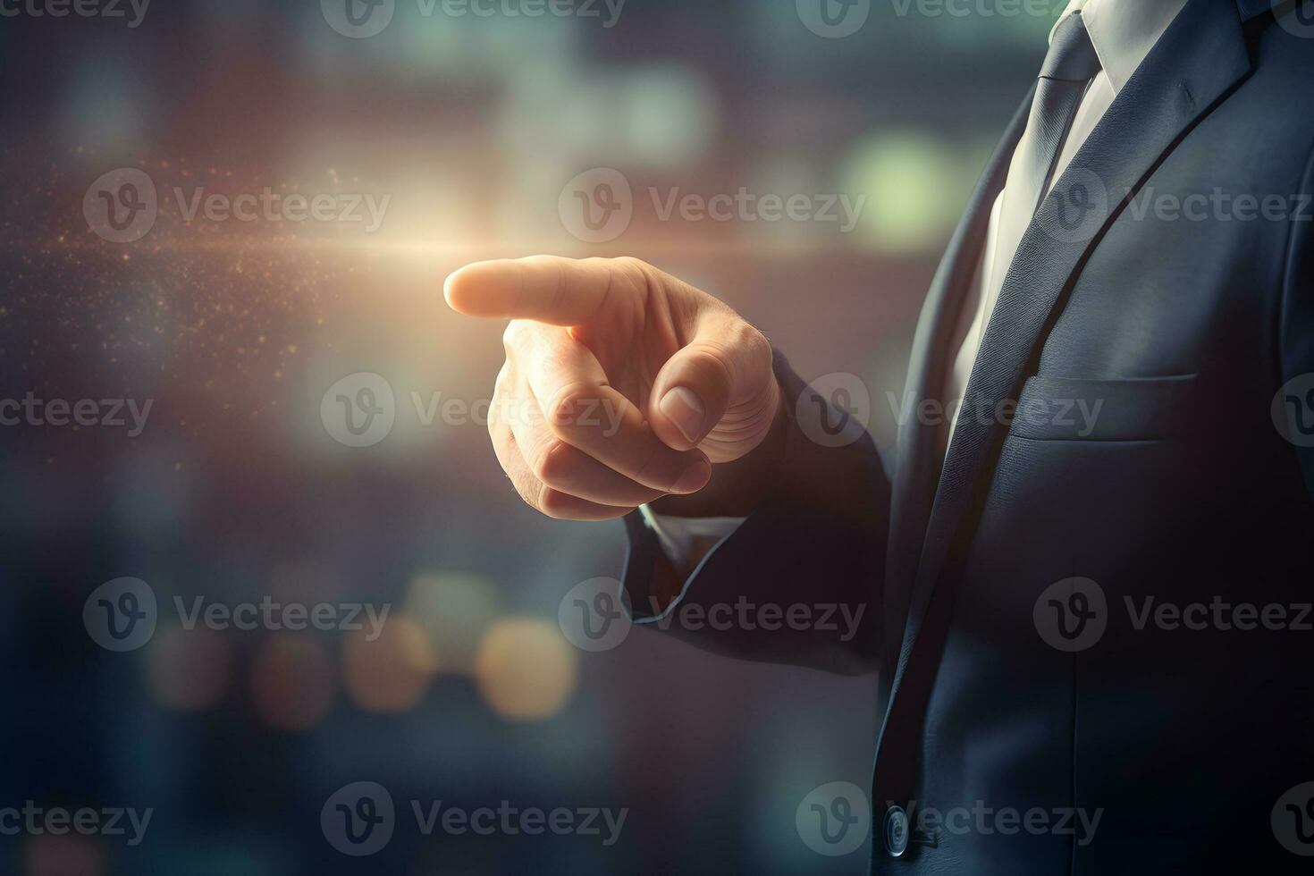 Businessman pressing finger on touch screen, pressing virtual screen Side view of businessman touching interface at office with his finger generative ai photo