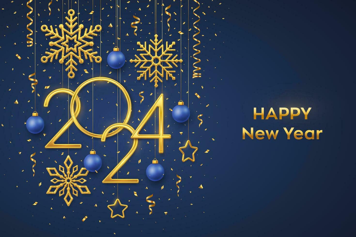 Happy New 2024 Year. Hanging Golden metallic numbers 2024 with shining snowflakes, 3D metallic stars, balls and confetti on blue background. New Year greeting card or banner template. Vector. vector