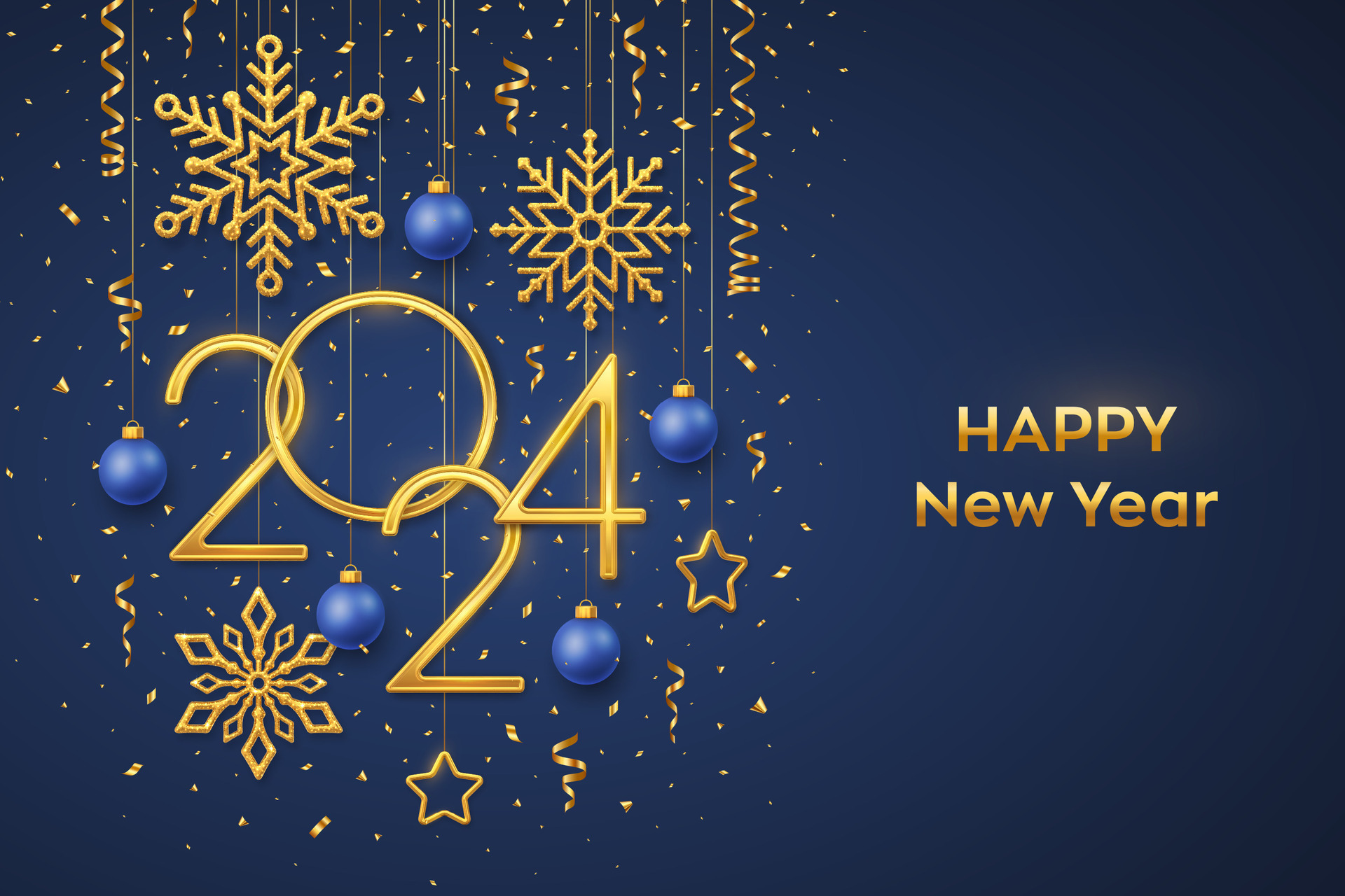 Happy New 2024 Year. Hanging Golden metallic numbers 2024 with shining