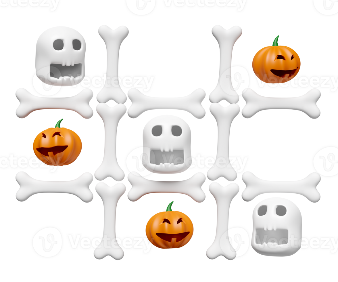 3d happy halloween party xo game with skull, skeleton, pumpkin isolated. 3d render illustration png