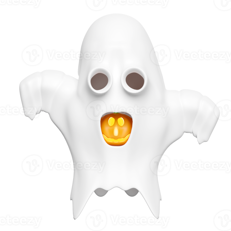 3d halloween day concept with cute ghost flying, pumpkin isolated. holiday party, 3d render illustration png