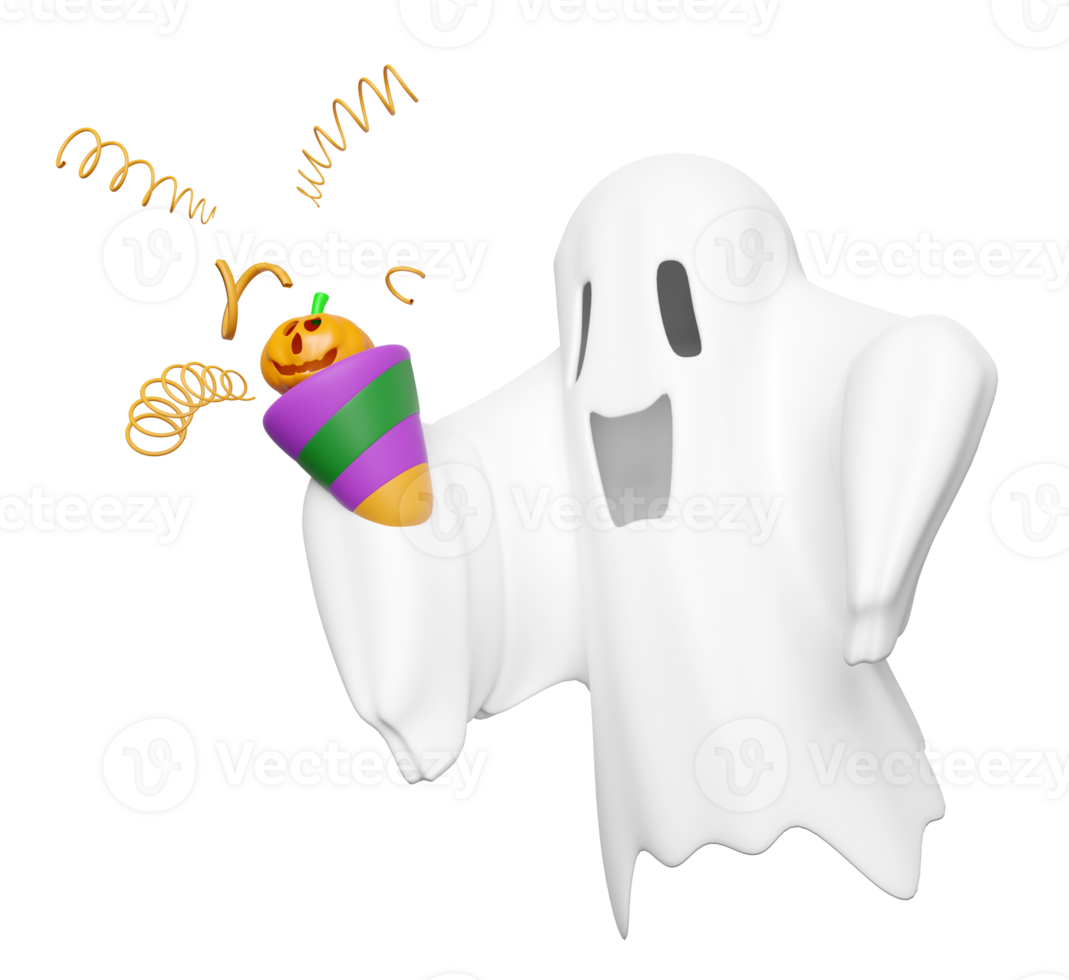 3d halloween holiday party with cute ghost hand holding explosion firecracker funnel, carved pumpkin isolated. 3d render illustration png