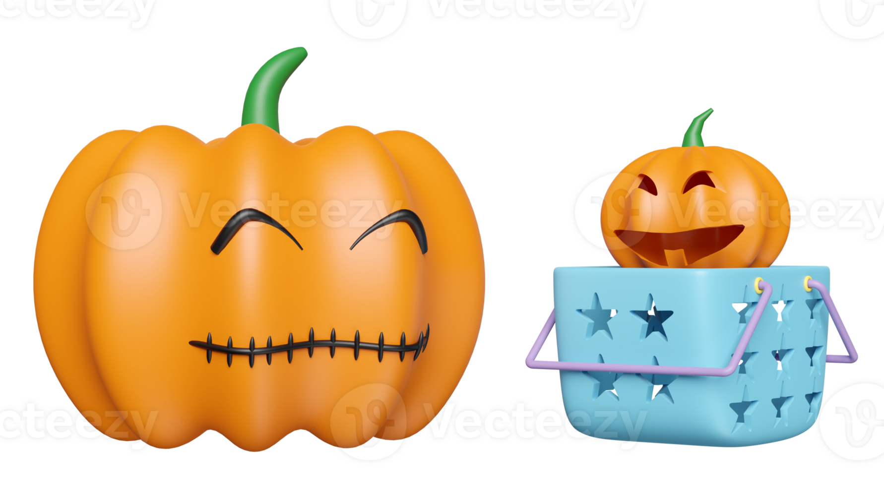 3d happy halloween party with pumpkin head in shopping basket isolated. 3d render illustration png