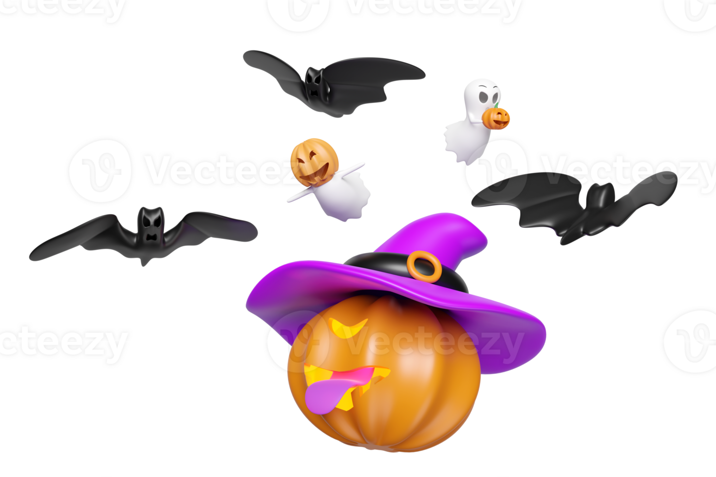 3d halloween holiday party with pumpkin stick out your tongue, witch hat, cute ghost hand holding pumpkin, bats isolated. 3d render illustration png