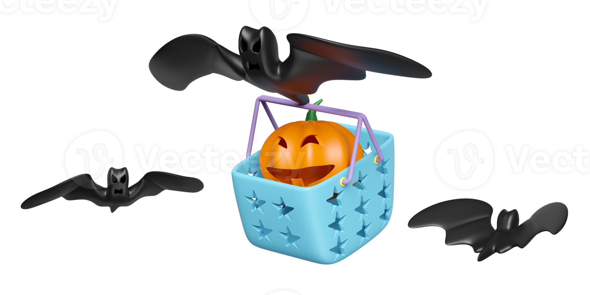 3d happy halloween party with bats, pumpkin head in shopping basket isolated. 3d render illustration png