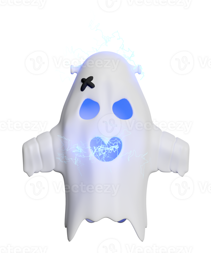 3d halloween day concept with cute ghost flying, thunder isolated. holiday party, 3d render illustration png