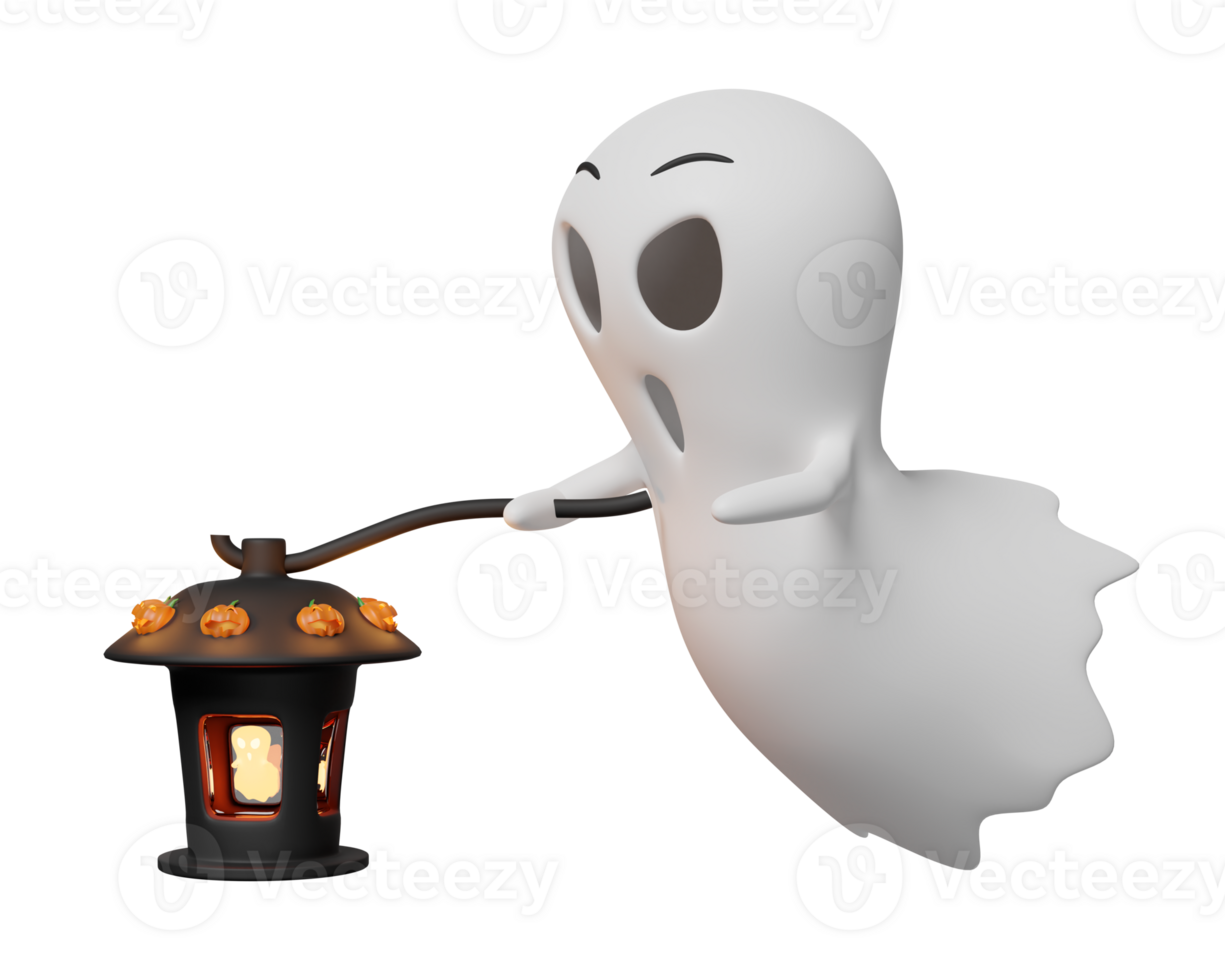 3d halloween holiday party with cute ghost flying holding storm lantern isolated. 3d render illustration png