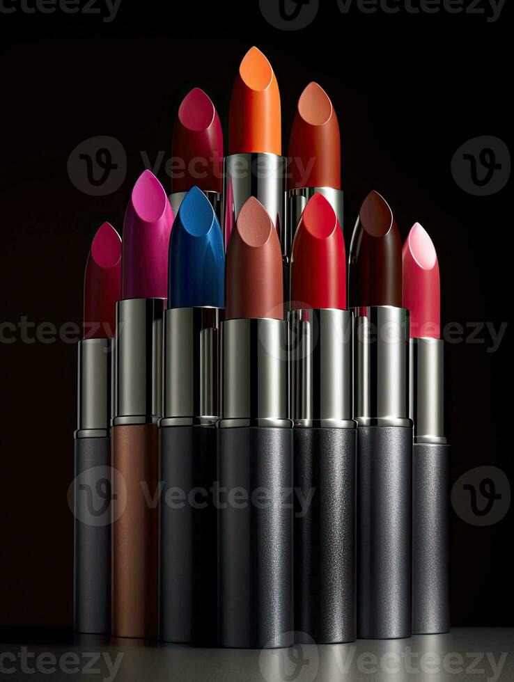 a group of lipsticks sitting next to each other on table with black background AI Generative photo