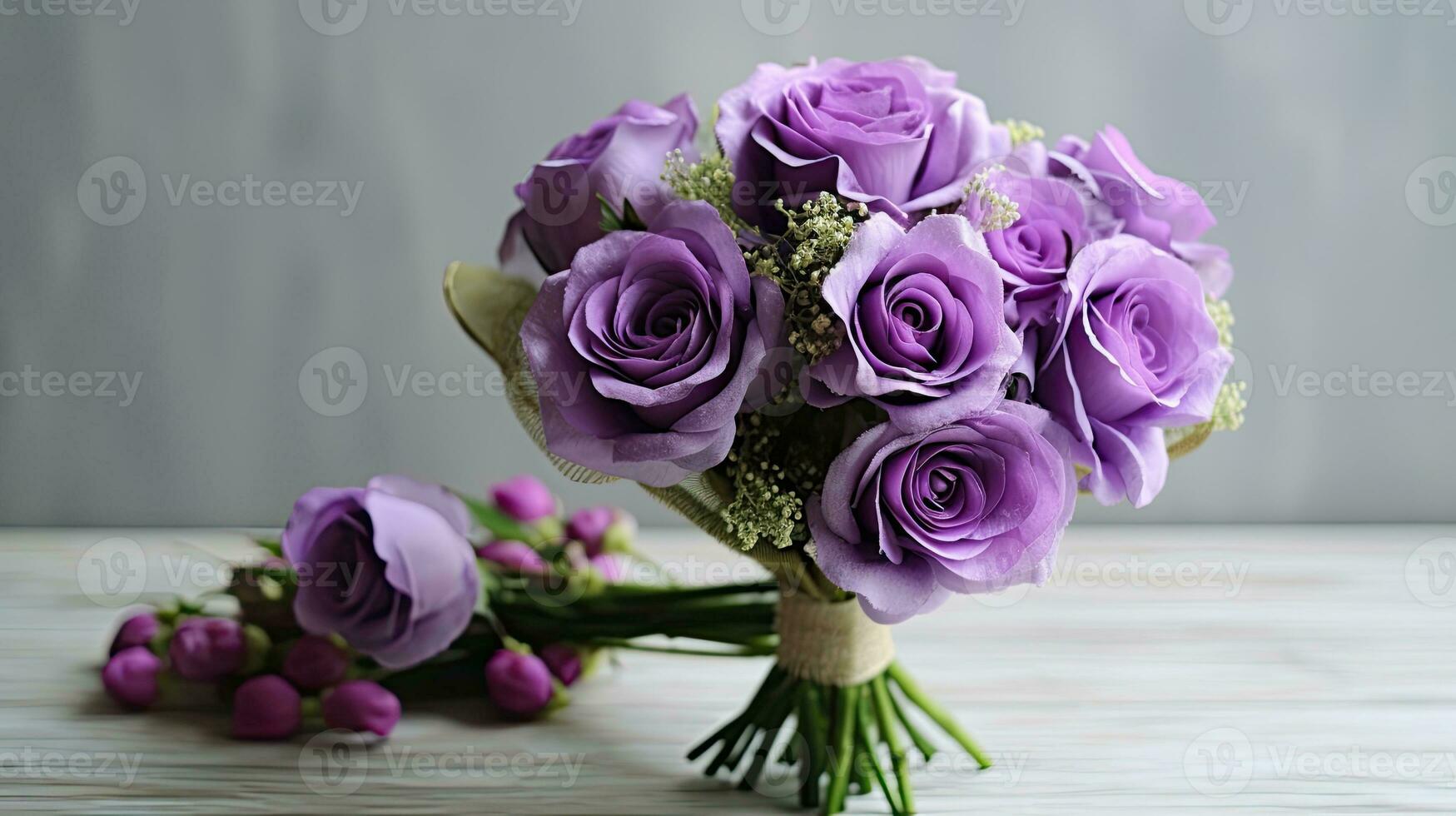 un ramo de flores de púrpura rosas en mesa con flores ai generativo foto