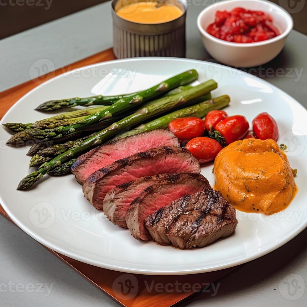 a plate of steak tomatoes and asparagus on table with bowl sauce photo
