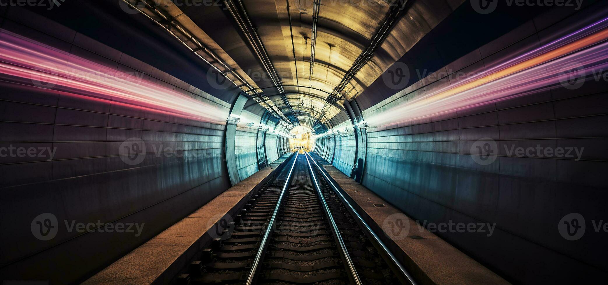 Subway tunnel with blurred light tracks with arriving train in the opposite direction. Generative AI photo