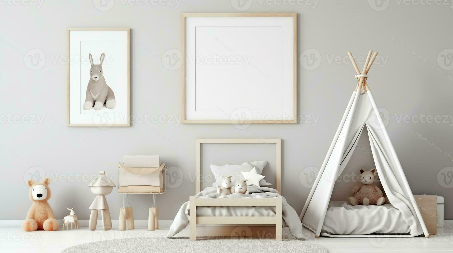 White wall with an empty vertical picture frame in a contemporary kids' room. Generative AI photo