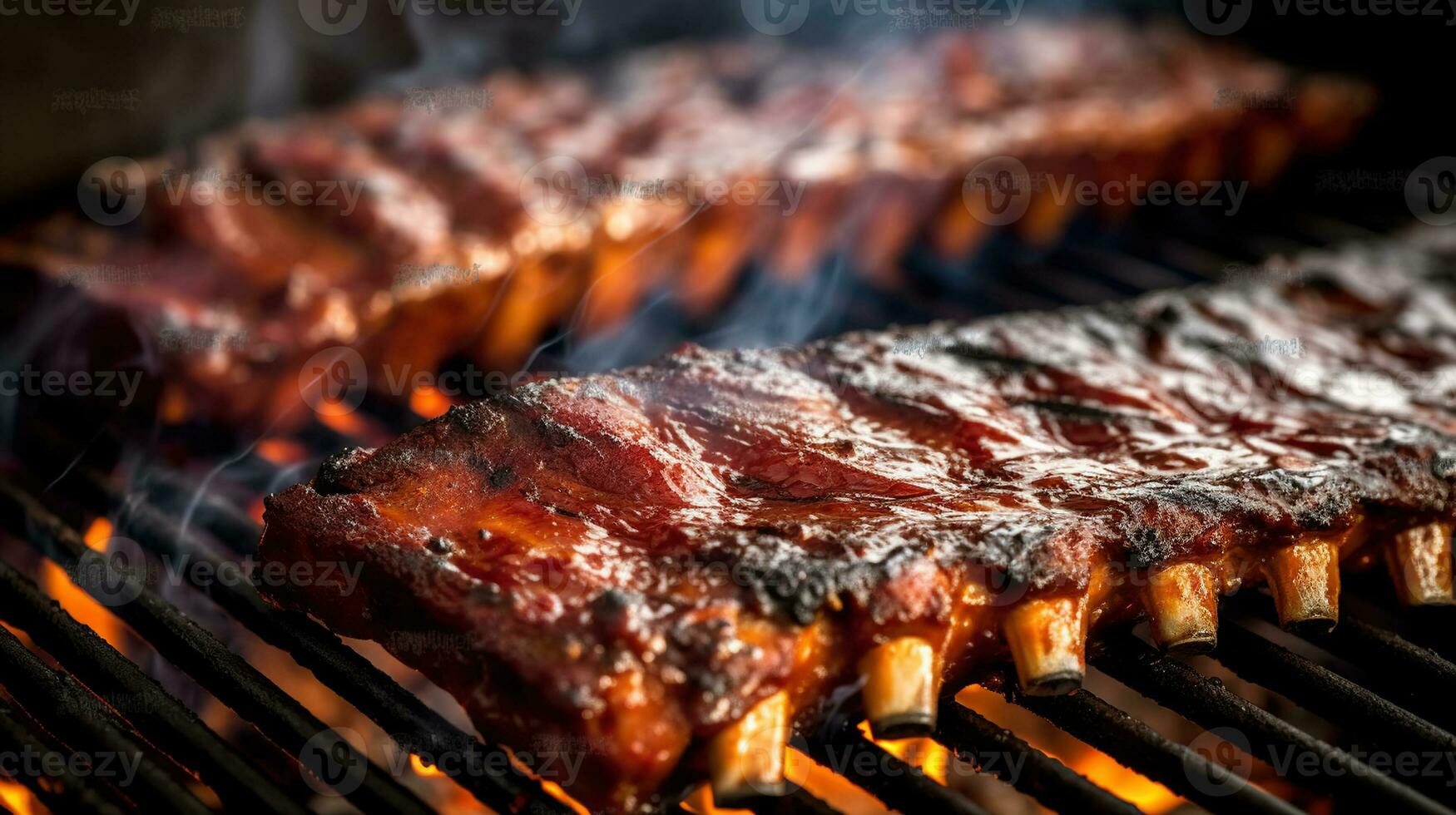 BBQ ribs cooking on flaming grill shot with selective focus. Generative AI photo