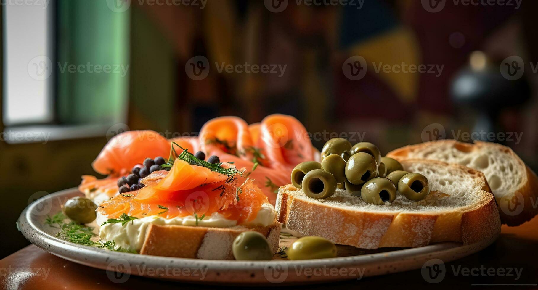 A plate of food with bread, olives, and smoked salmon on it with a colorful wall in the background of the room. Generative AI photo