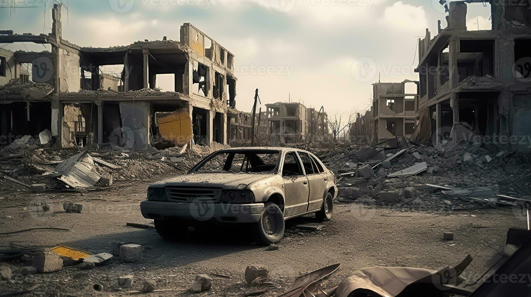 Silent Witness, A Devastated Car among the ruins of houses Amid the Desolation of a Battle-Scarred City. Generative AI photo