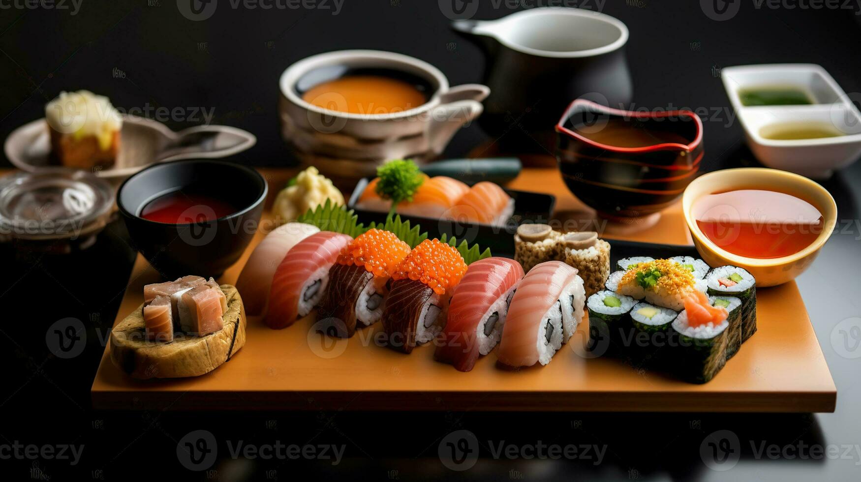 Mix of Japanese food on restaurant table. Generative AI photo