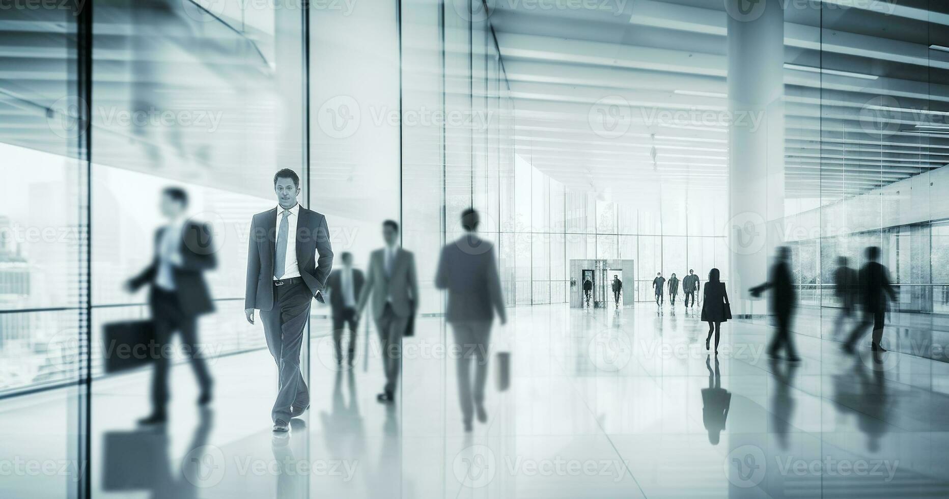 Blurred Business Professionals in a Sleek Glass Office. Generative AI photo