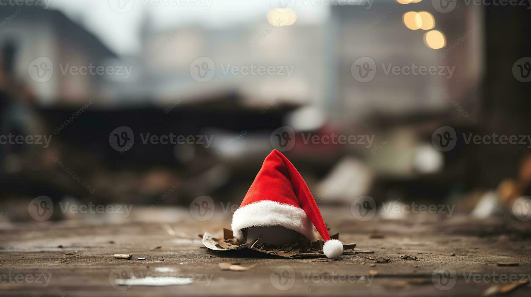 Santa Claus hat standing on a dark brown background. with space for text. Christmas. New Year. Generative AI photo