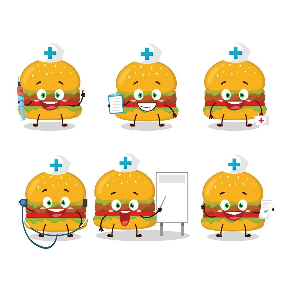 médico profesión emoticon con hamburguesa dibujos animados personaje vector