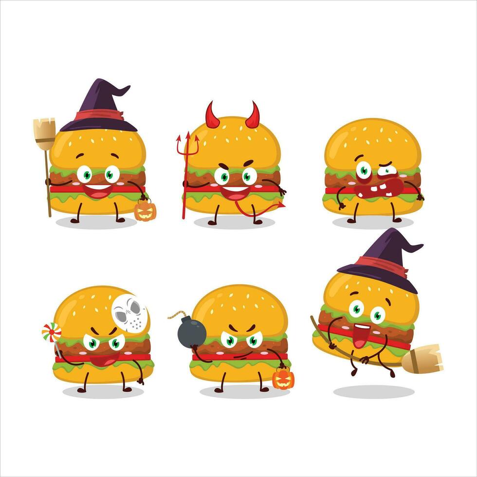 Víspera de Todos los Santos expresión emoticones con dibujos animados personaje de hamburguesa vector