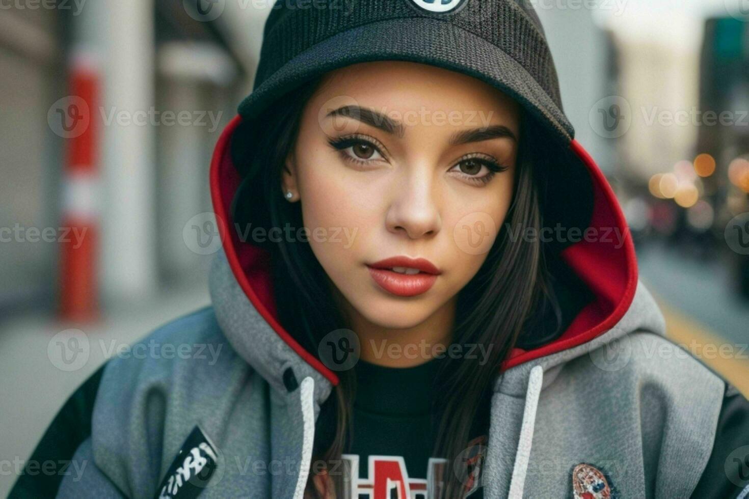 retrato de un mujer en ropa de calle en el calle. Pro foto