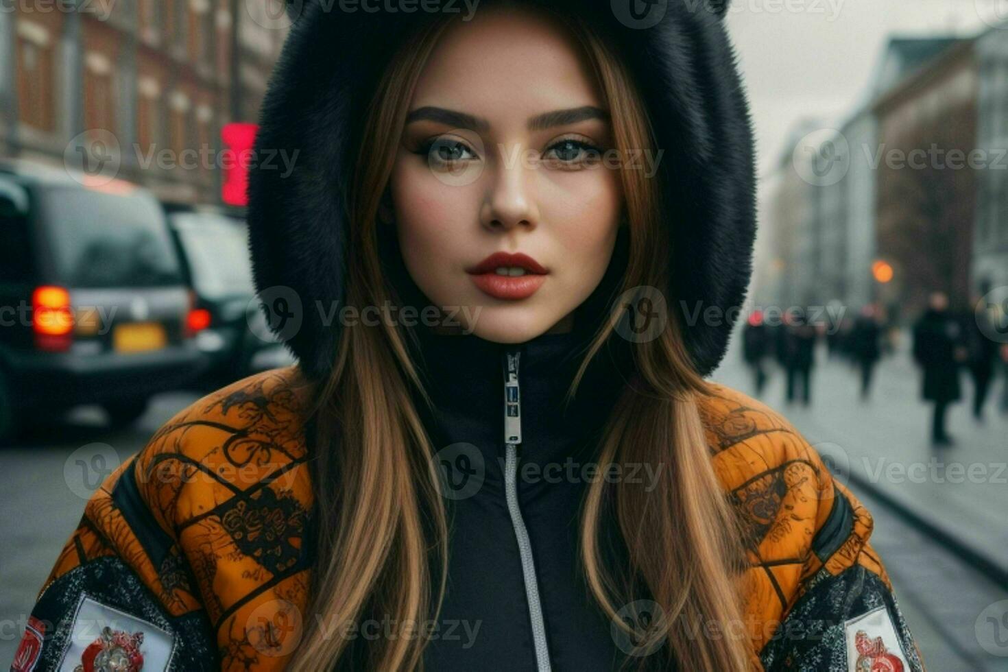 Portrait of a woman in streetwear on the street. Pro Photo
