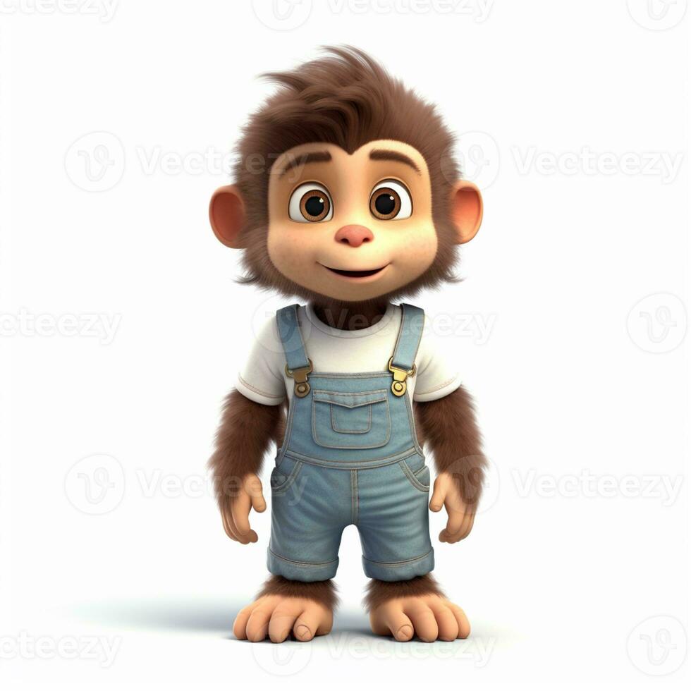 a close up of a cartoon monkey wearing overalls and a white shirt. generative ai. photo