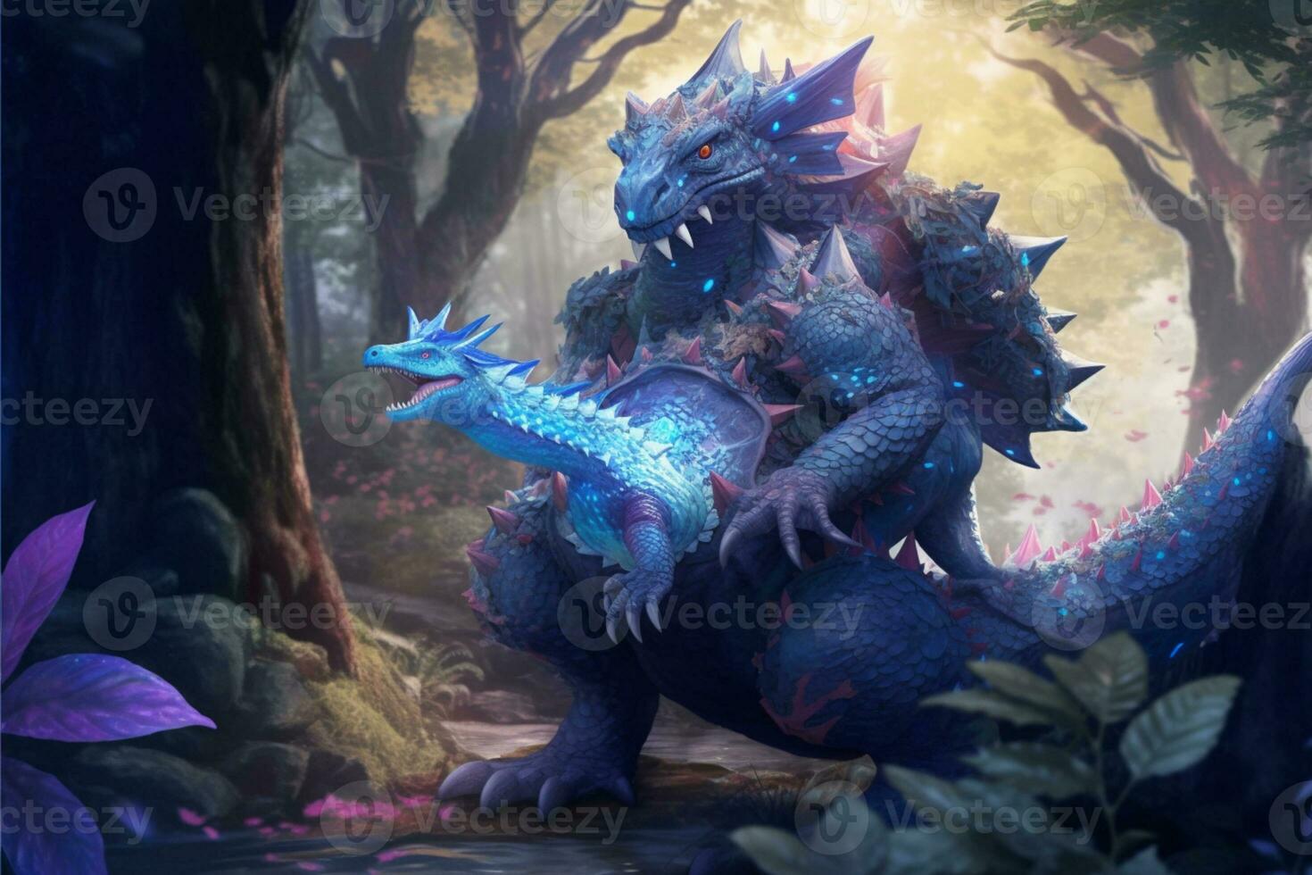 there is a dragon that is sitting on a rock in the woods. generative ai. photo