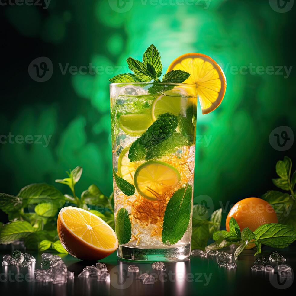 a glass of lemonade with mint and lime slices photo
