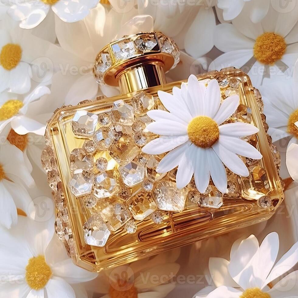 a yellow and white flower gold perfume bottle photo