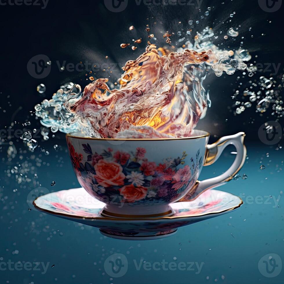 a cup of tea with water splashing out it on saucer photo