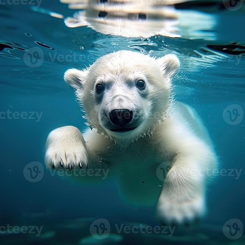 a polar bear swimming underwater photo