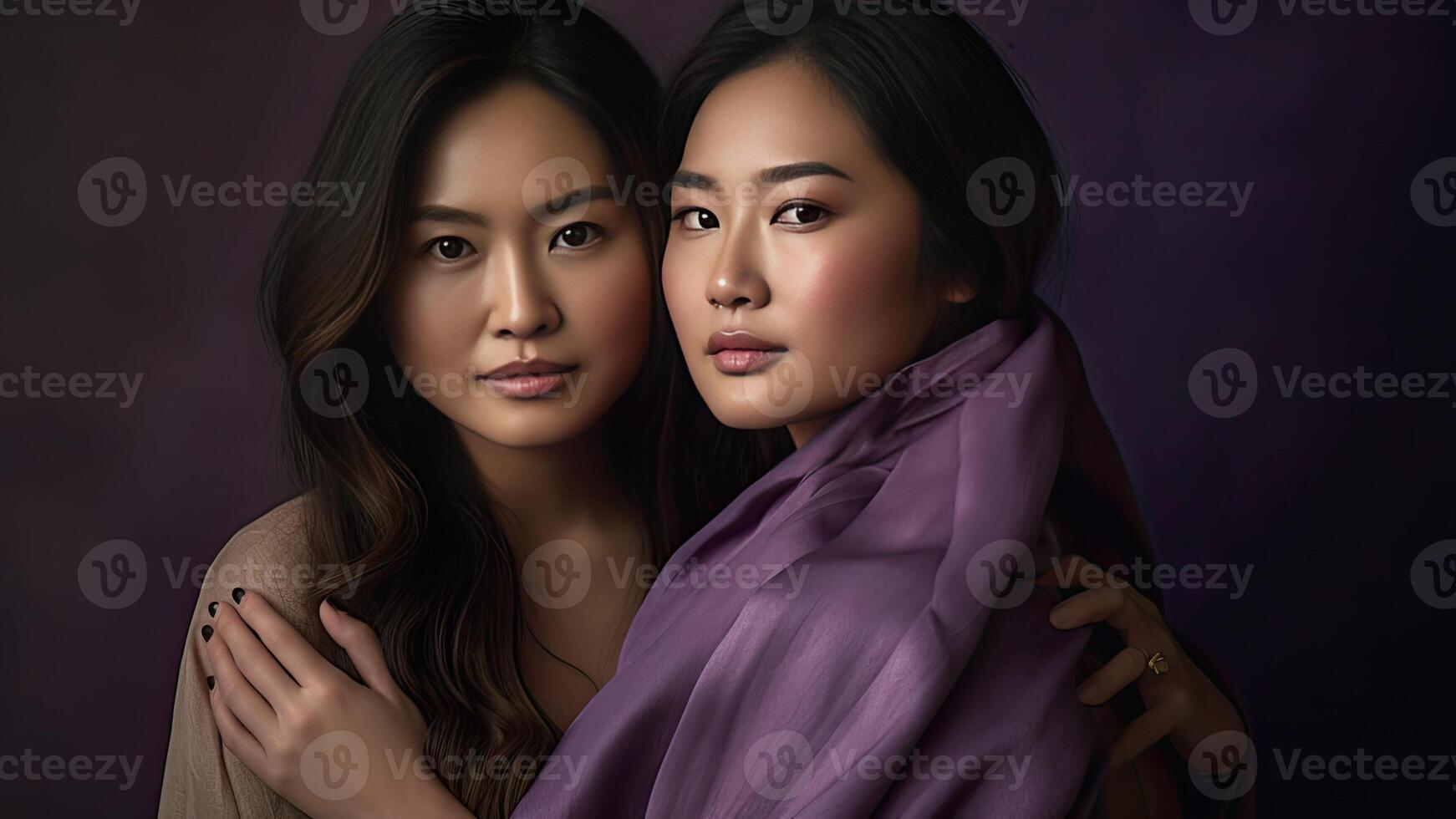 two women are standing together and one is holding a scarf over her head photo