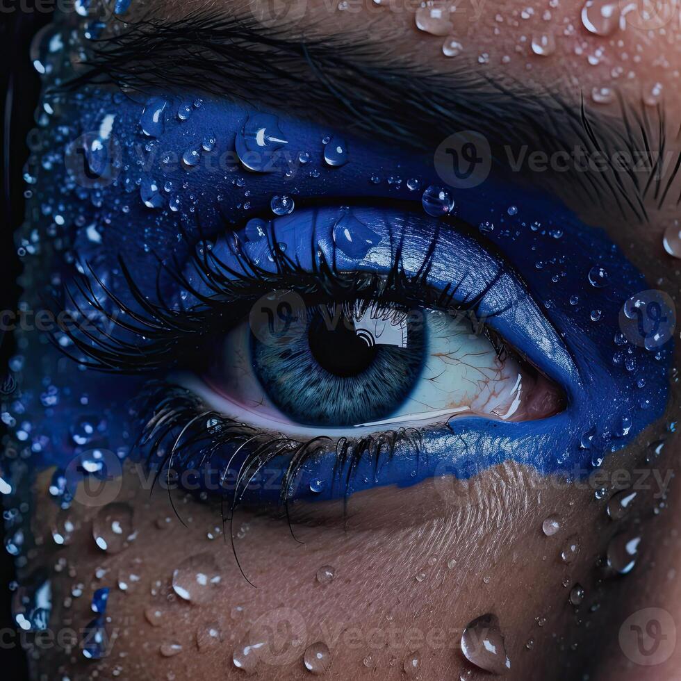 un mujer azul ojo con agua gotas ai generativo foto