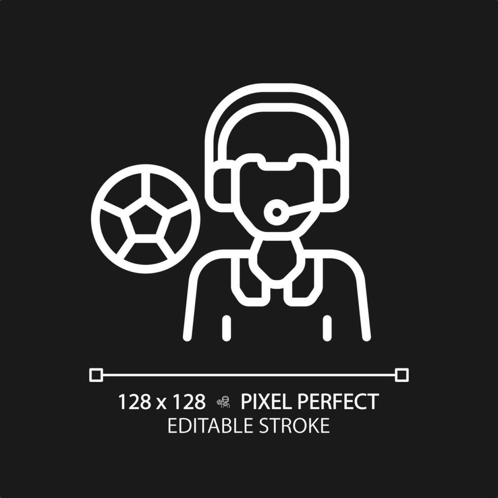 2D pixel perfect editable white sport newscaster icon, isolated vector, thin line illustration representing journalism. vector