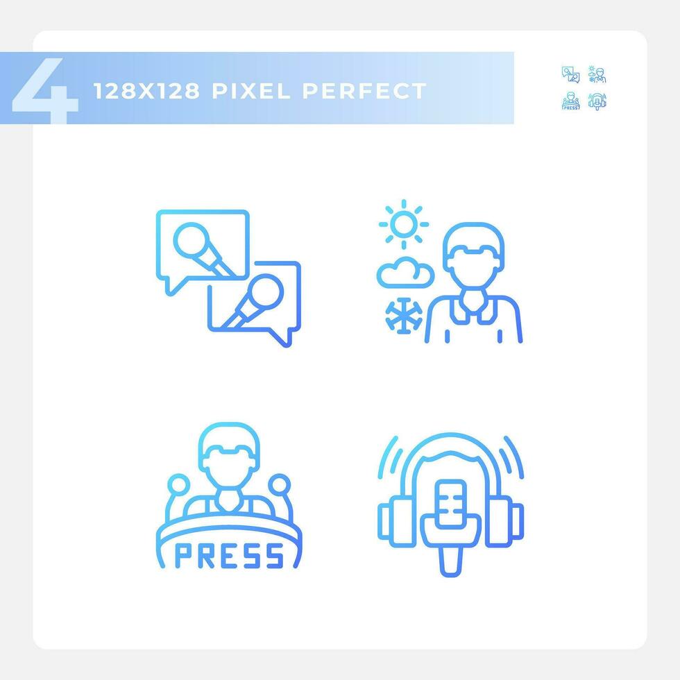 2D pixel perfect gradient icons set representing journalism, thin linear blue illustration. vector
