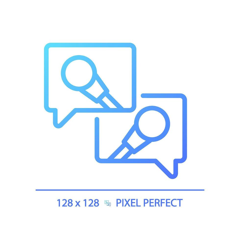 2D pixel perfect gradient media interview icon, isolated vector, thin line blue illustration representing journalism. vector