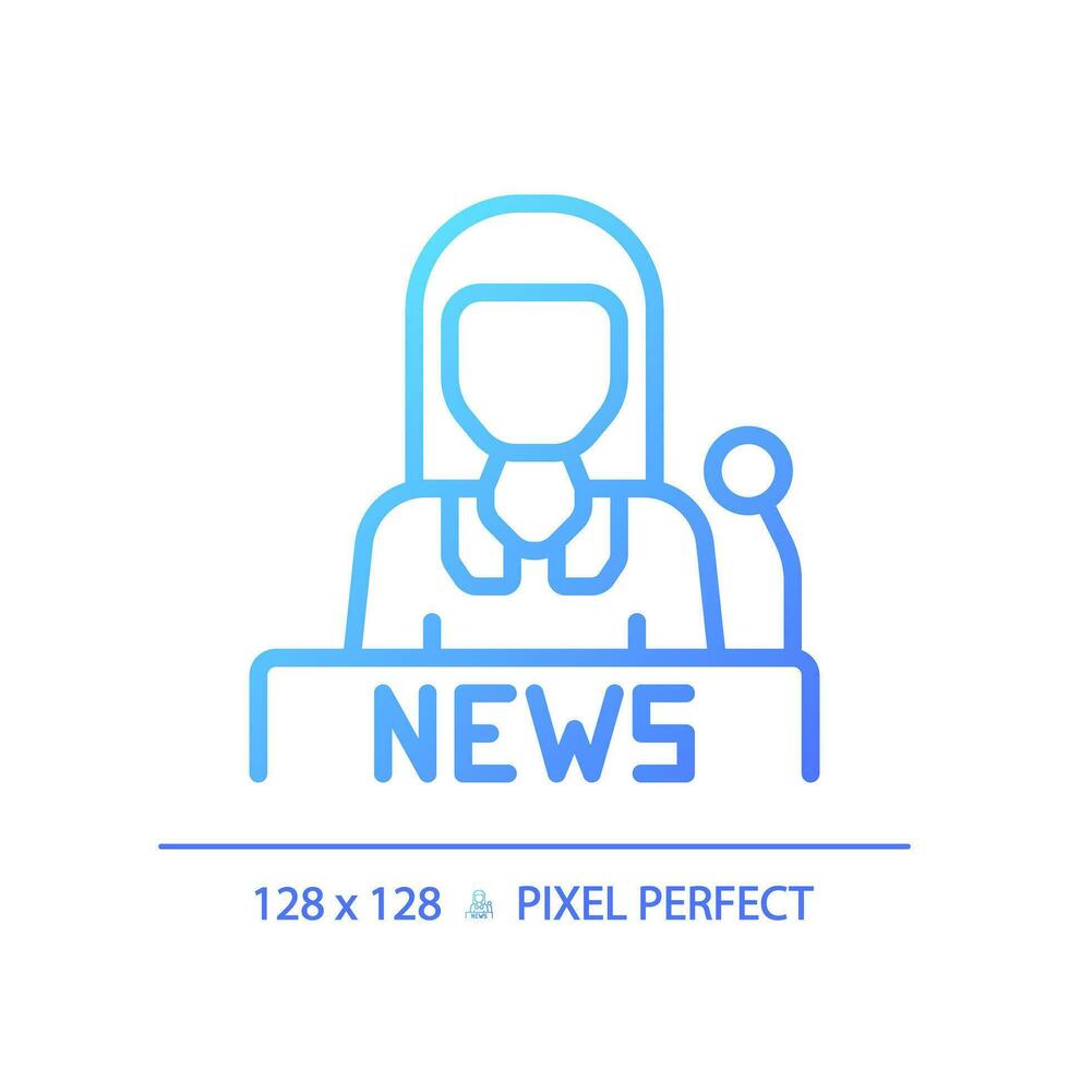 2D pixel perfect gradient female newscaster icon, isolated vector, thin line blue illustration representing journalism. vector