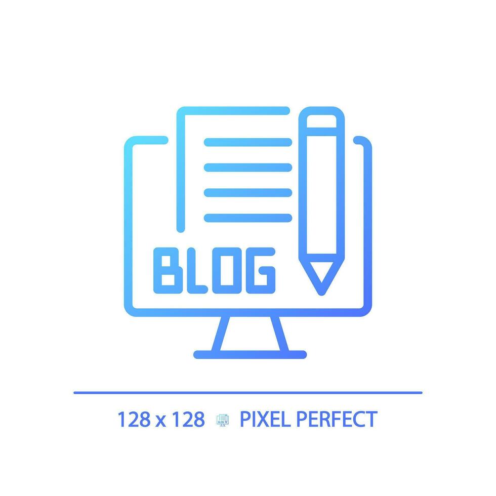 2D pixel perfect gradient blog icon, isolated vector, thin line blue illustration representing journalism. vector