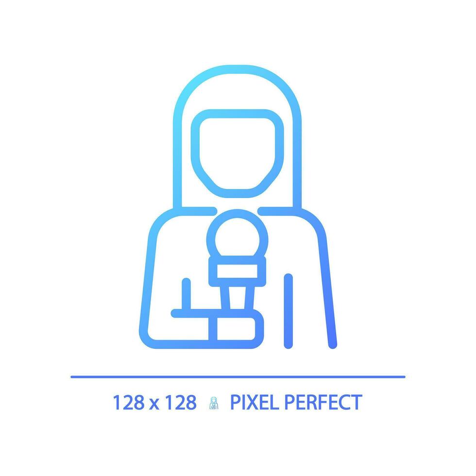 2D pixel perfect gradient female news reporter icon, isolated vector, thin line blue illustration representing journalism. vector