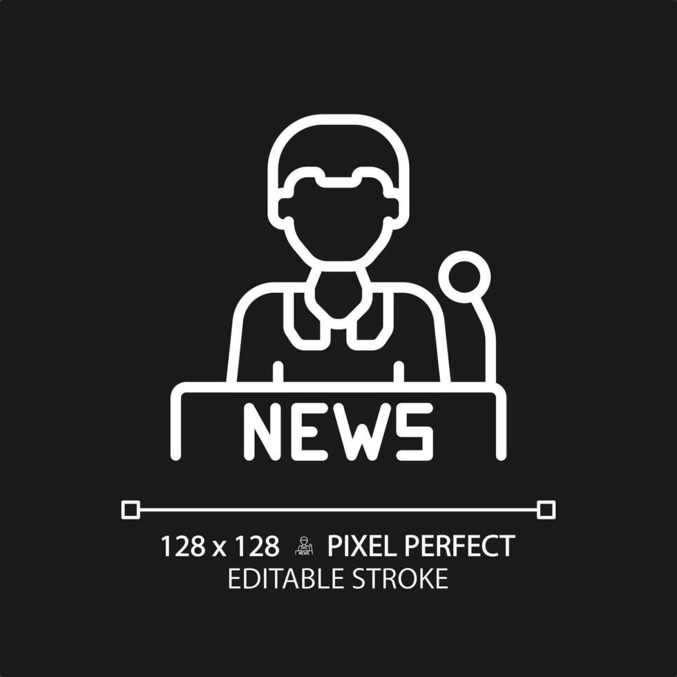 2D pixel perfect editable newscaster white icon, isolated vector, thin line illustration representing journalism. vector