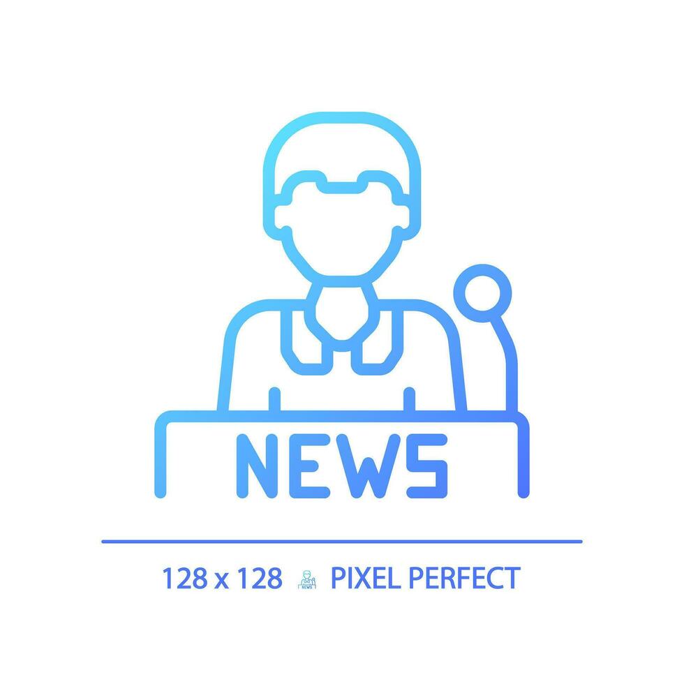 2D pixel perfect newscaster gradient icon, isolated vector, thin line blue illustration representing journalism. vector