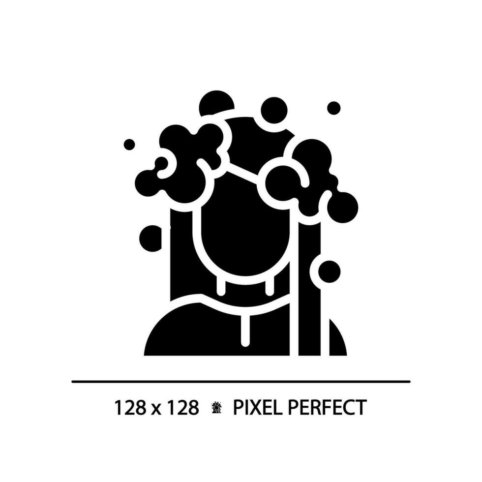 2d píxel Perfecto mujer con espuma pelo lavar glifo estilo icono, aislado vector, cuidado del cabello sencillo negro silueta ilustración. vector
