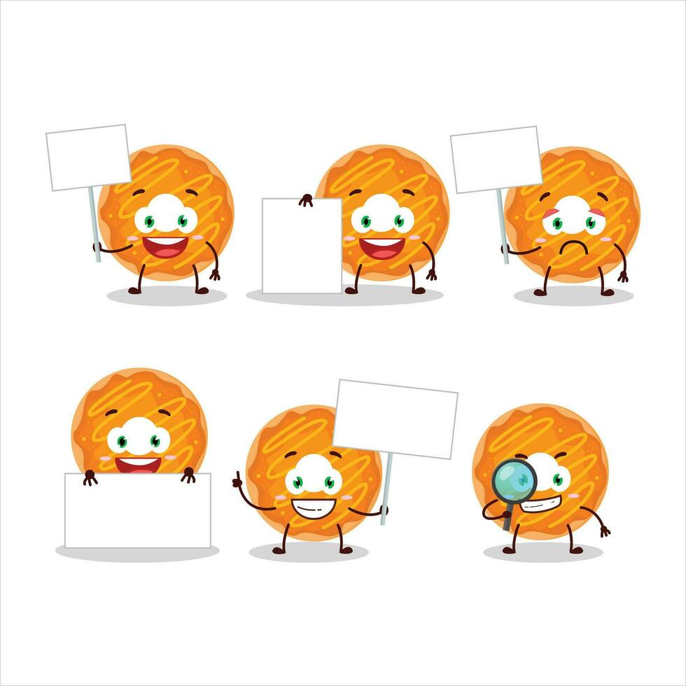 Orange cream donut cartoon character bring information board vector