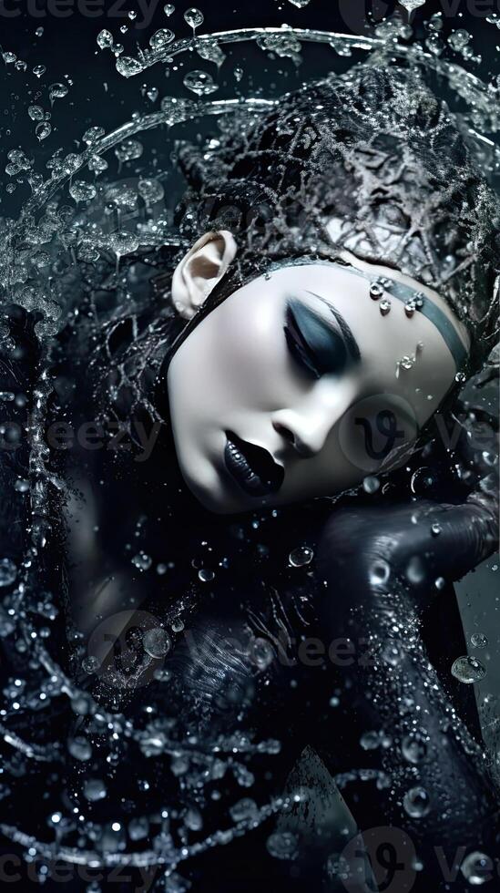 a woman with black dress and gloves in water bubbles photo