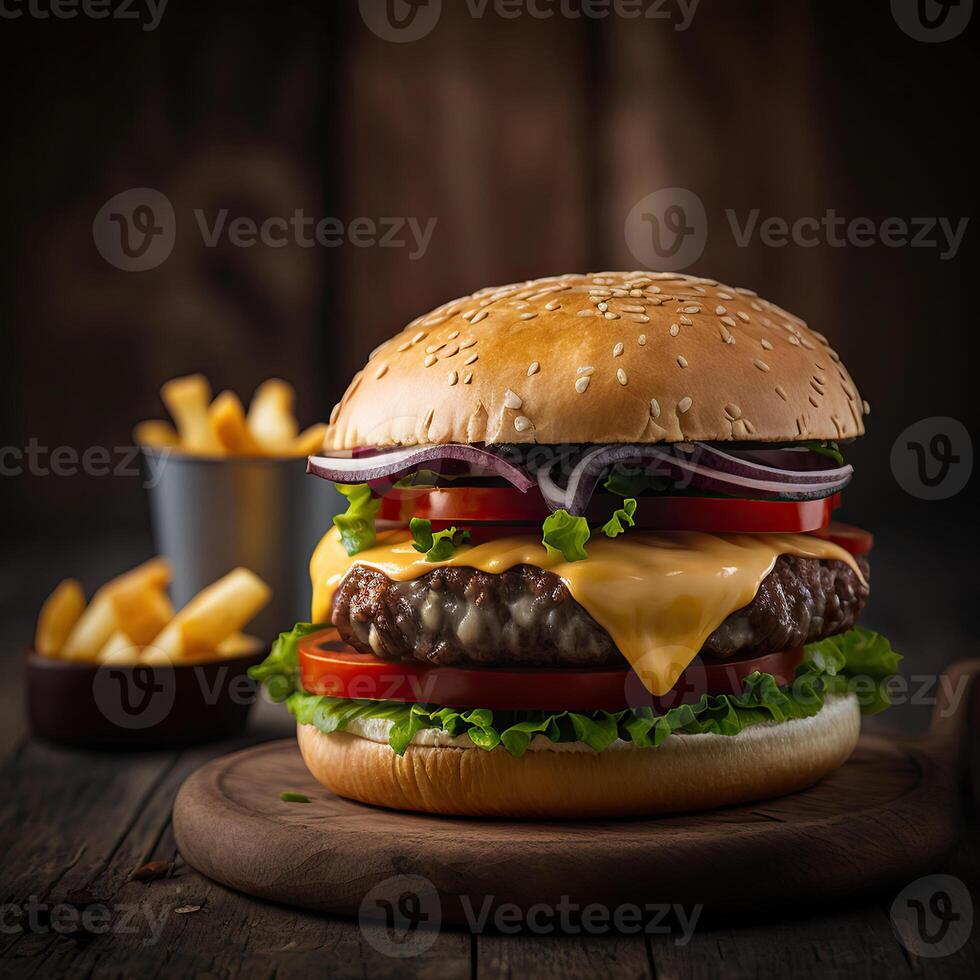 A hamburger with cheese and tomato on it and a bowl of French fries in the background photo