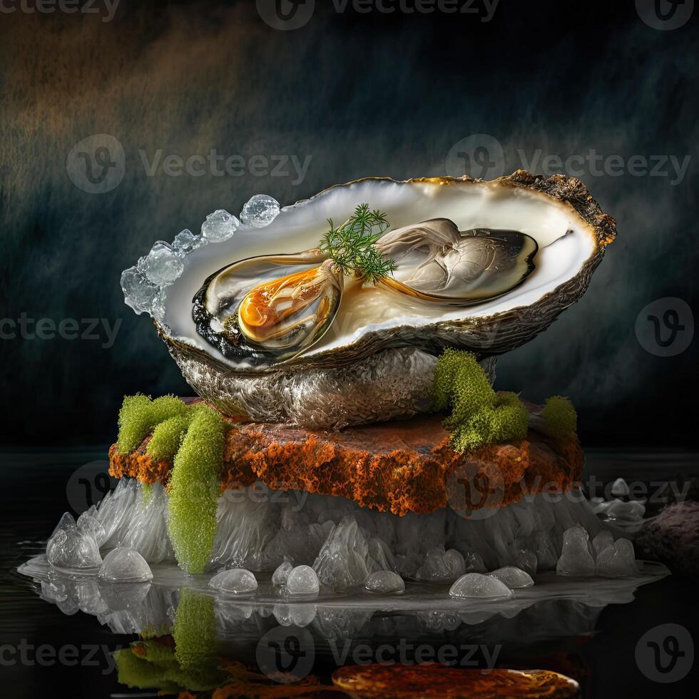 a large oyster on rock with ice and water around it photo